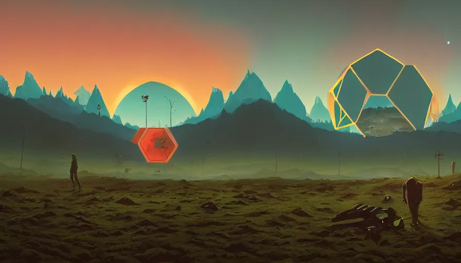 Prompt: hexagon blocking the sun, earth in foreground, simon stalenhag