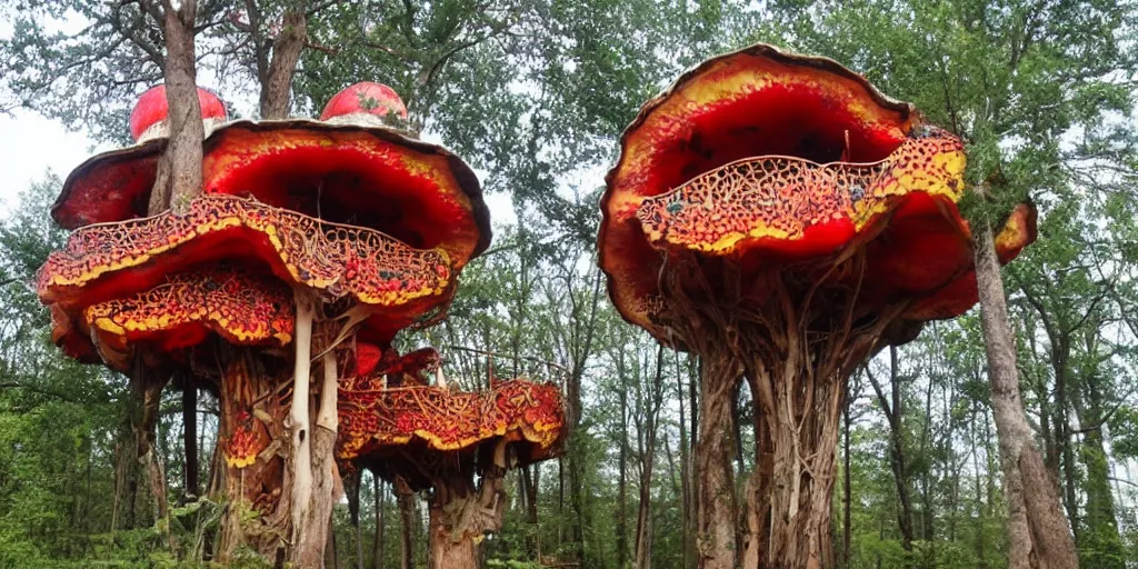 Image similar to treehouse made from an enormous amantia muscaria mushroom