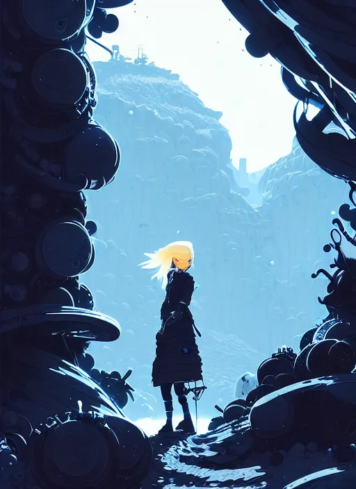 Prompt: highly detailed portrait of an angry frostpunk long blonde hair lady with robotic companion, stray wiring by atey ghailan, james gilleard, by joe fenton, by greg rutkowski, by greg tocchini, by kaethe butcher, 4 k resolution, gradient blue, black and white color scheme!!! ( ( glacier cave background ) )