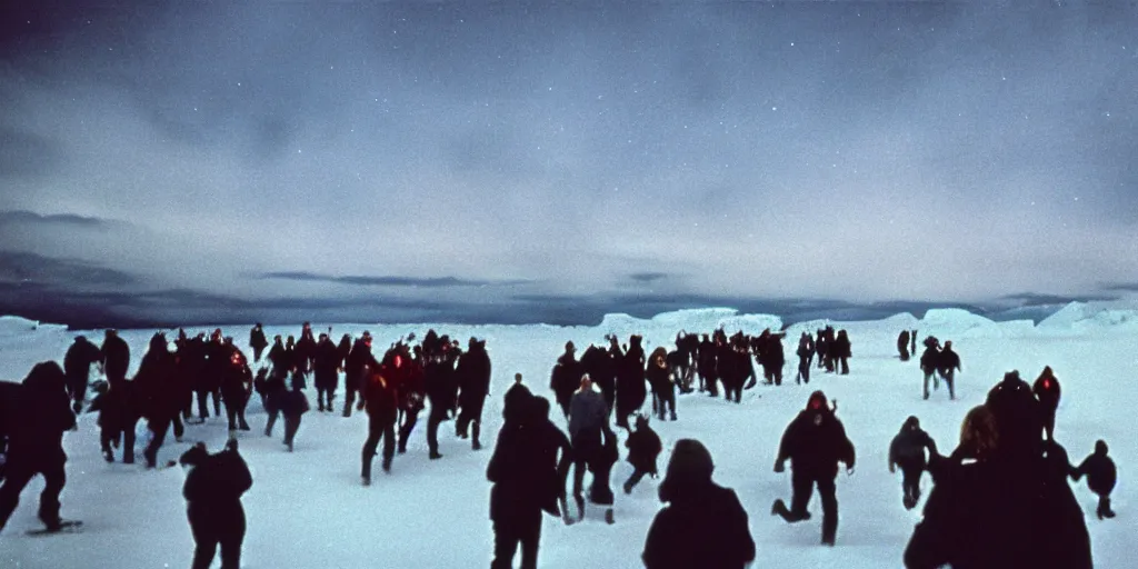 Prompt: filmic wide shot dutch angle movie still 35mm film color photograph of a crowd of people wearing snow clothing running terrified outside in antarctica, blood flying in the air, aurora borealis in the sky, in the style of a 1982 horror film