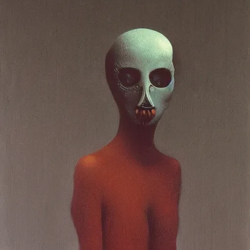 Prompt: young teen female, who has head of crow instead of human, painting by Beksinski