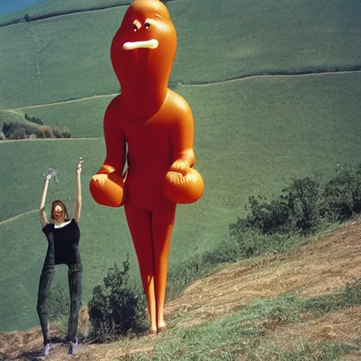 Image similar to woman with an inflatable nose, long snout, long inflatable arms, in the hillside, 1974 fellini, archival footage, technicolor film