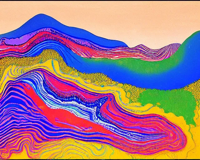 Prompt: Ocean waves in a psychedelic dream world. DMT. Curving rivers. Craggy mountains. Landscape painting by David Hockney. Zao Wou-ki. Minimalist.