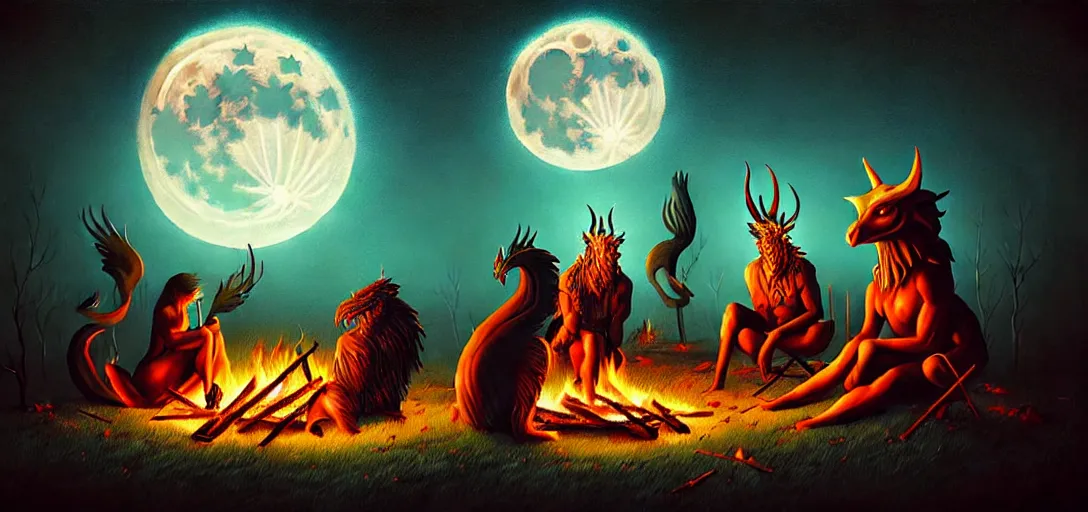 Image similar to strange mythical beasts of sitting around a fire under a full moon, surreal dark uncanny painting by ronny khalil