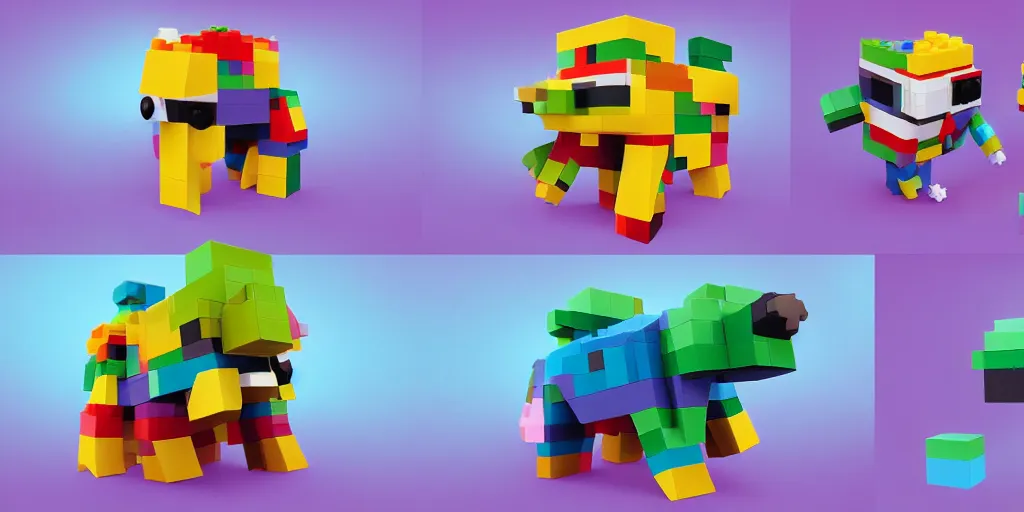 Image similar to tiny creature made of one brick, big round cute eyes, quadrupedal, cute looking, blocky shape, kawaii, sharp focus, character, game concept art, blocky, lego mixels, flat toon style like katamari damacy inspired, pokemon inspired, promotional poster art, high quality voxel render