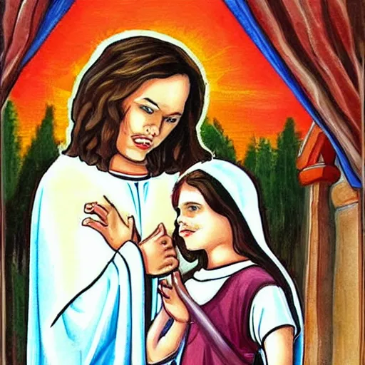 Image similar to kid jesus kidding with the kid devil, cute art work