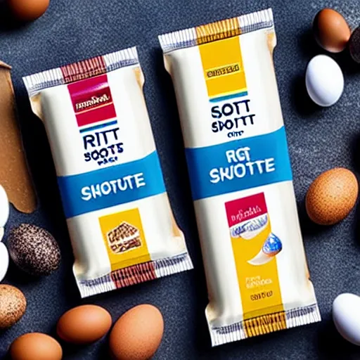 Prompt: Ritter Sport chocolate with egg flavour, product shot, photo