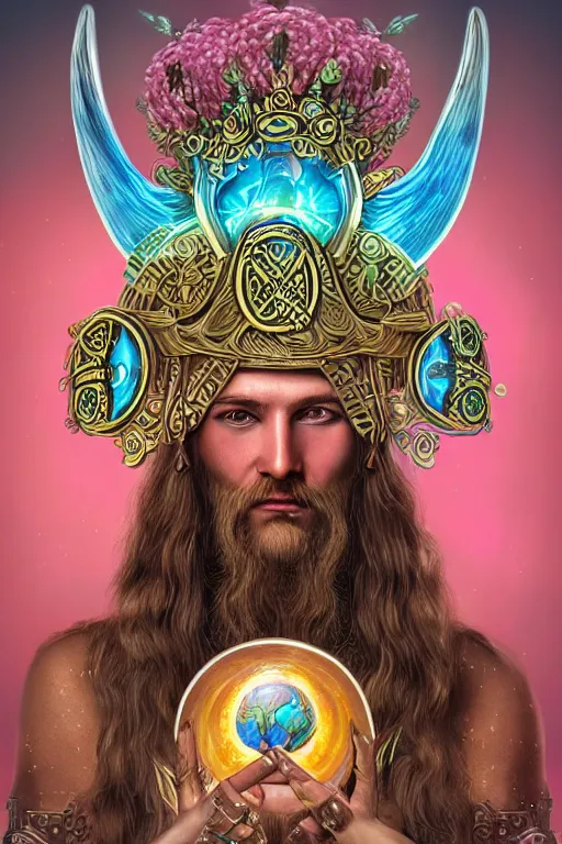 Prompt: opalescent retrofuturistic digital airbrush illustration of a viking wearing an ornate gpu headpiece and holding a flower with a map of the collective subconscious in the background by luigi patrignani