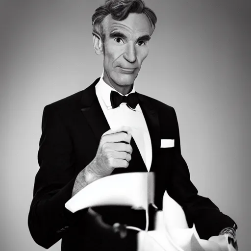 Prompt: bill nye as james bond, her majesty's secret service iconic still