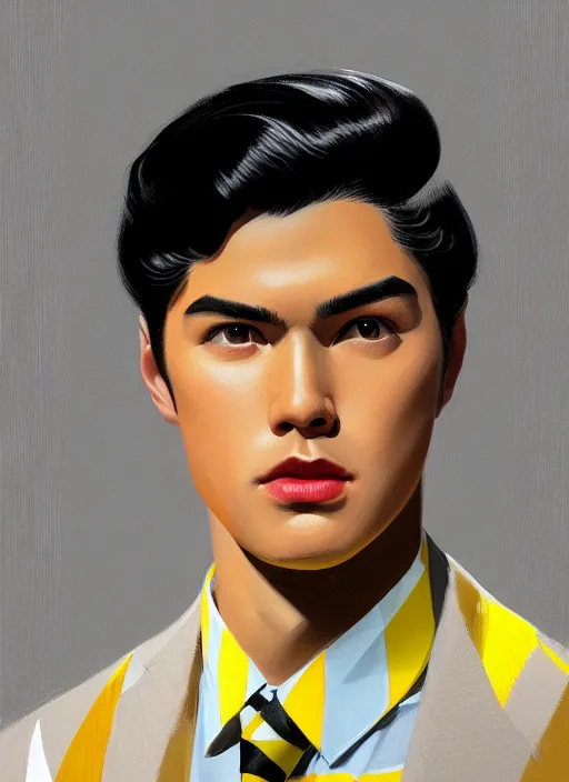 Image similar to portrait of young reggie mantle, mean smirk, egotistical, slicked back hair, striped yellow and black sweater, 1 9 5 0 s, intricate, elegant, glowing lights, highly detailed, digital painting, artstation, concept art, smooth, sharp focus, illustration, art by wlop, mars ravelo and greg rutkowski