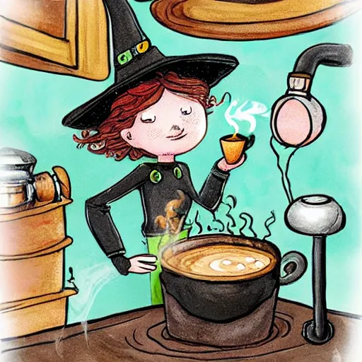 Image similar to an adorable kitchen witch brewing coffee in a cauldron, bokeh swirling steam, children's book illustration by Tony DiTerlizzi