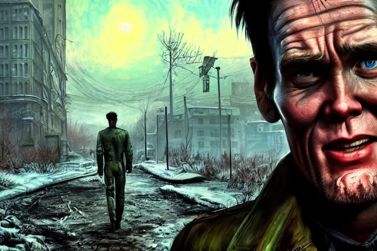 Image similar to fallout 5, jim carrey as protagonist, portrait, outdoors european cityscape, atmospheric lighting, painted, intricate, volumetric lighting, beautiful, daytime, winter, clear weather, mutated wildlife, sharp focus, deep colours, ultra detailed, art by william turner