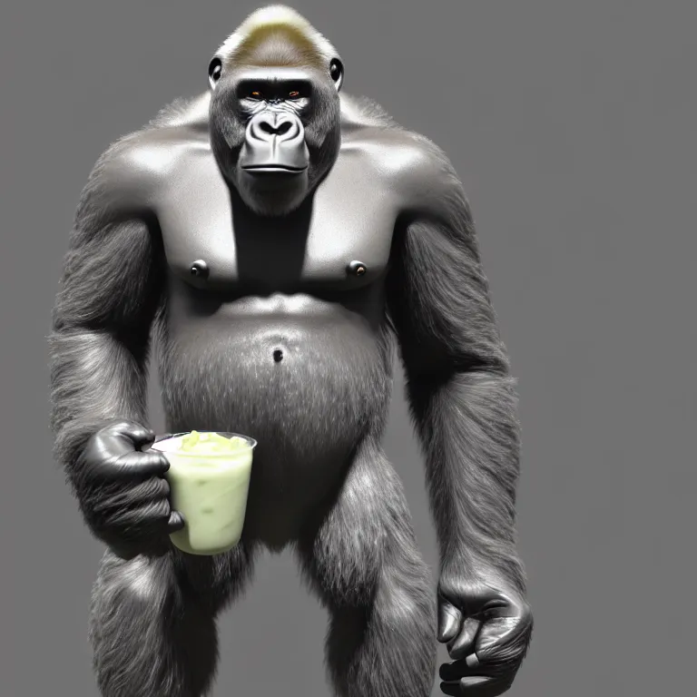 Prompt: a cinematic shot of a gorilla made of yogurt, yogurt, yogurt, octane render, volumetric lighting, nvidia raytracing demo, by Andy Thomas, Mario Martinez, Daniel Mirante, Gustave Dore, Artstation, CGsociety, masterpiece