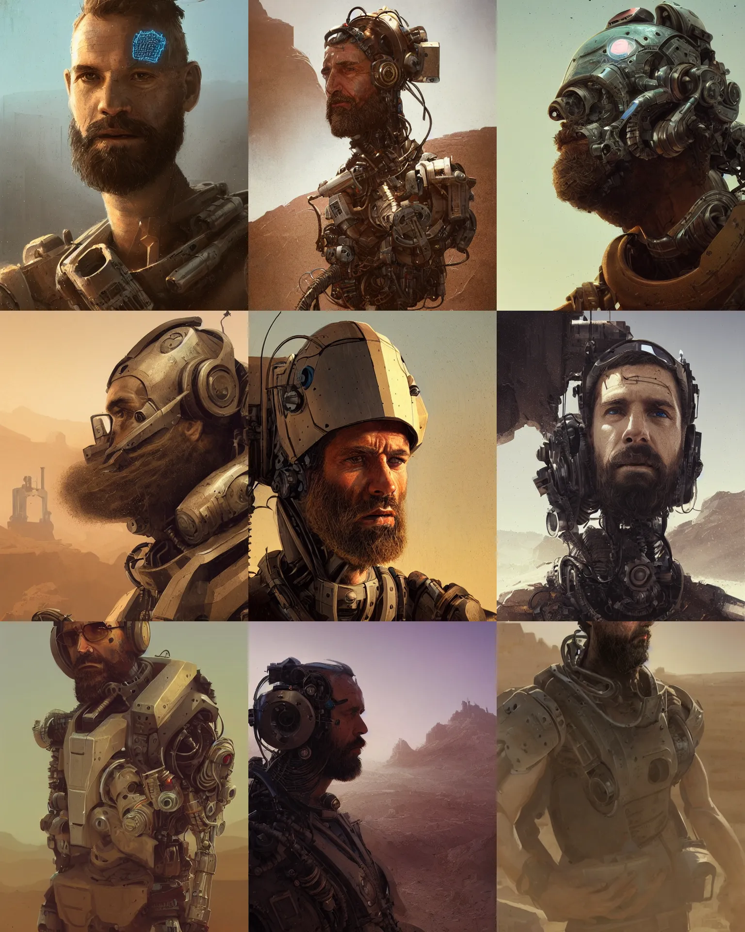 Image similar to a bearded rugged engineer man with cybernetic enhancements lost in the desert, scifi character portrait by greg rutkowski, esuthio, craig mullins, 1 / 4 headshot, cinematic lighting, dystopian scifi gear, gloomy, profile picture, mechanical, half robot, implants, steampunk