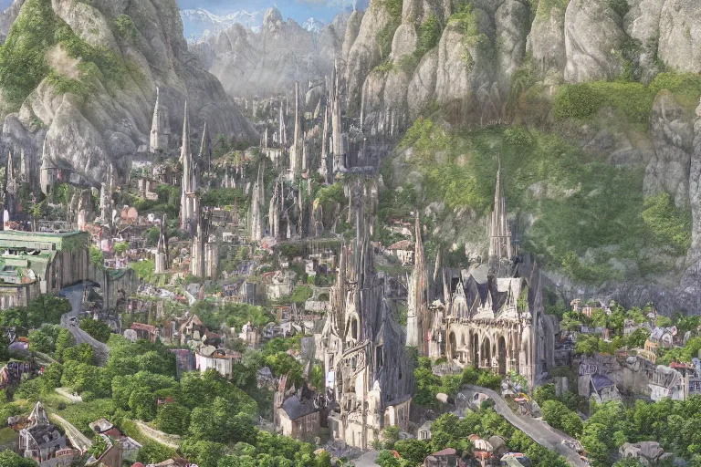 Prompt: an ultra detailed matte landscape painting of an german gothic capital city built into the side of a mountain with many tall spirally towers, sweeping vista, tiny coastal fishing village very far away, ultrawide lens, aerial photography, 8 k, volumetric lighting, smooth, highly detailed, digital illustration, art by greg rutkowski and akira toriyama and artgerm