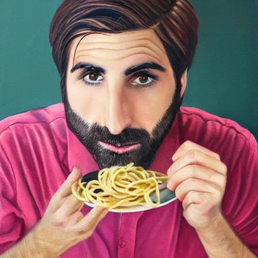 Prompt: a beautiful portrait painting of jason schwartzman eating pasta by peter sato