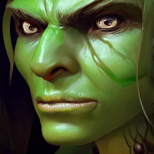 Image similar to character portrait of a green orc female, light green tone beautiful face by greg rutkowski, trending on artstation