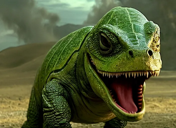 Image similar to film still of yoshi in the new sci - fi movie, upright dinosaur with a small turtle shell and long tongue, 8 k