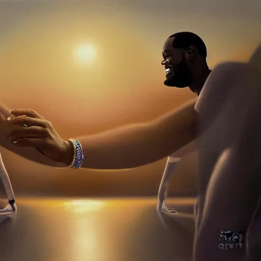 Image similar to beautiful serene intricate portrait of kevin durant and lebron james taking a selfie, smiling softly, relaxing on the beach, golden hour, soft focus, 8 k, art by irakli nadar, hyperrealism, hyperdetailed, ultra realistic