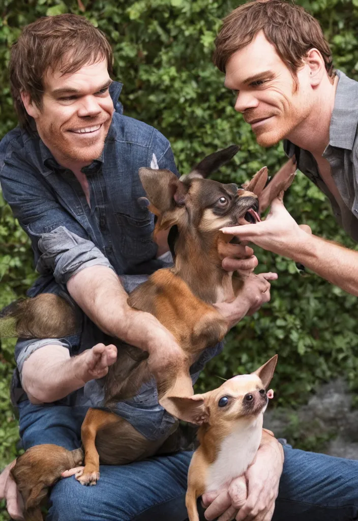 Prompt: Michael C. Hall petting a Chihuahua, cute, beautiful, nature, award winning, photography, National Geographic, Michael C. Hall, f2.8 lens, portrait