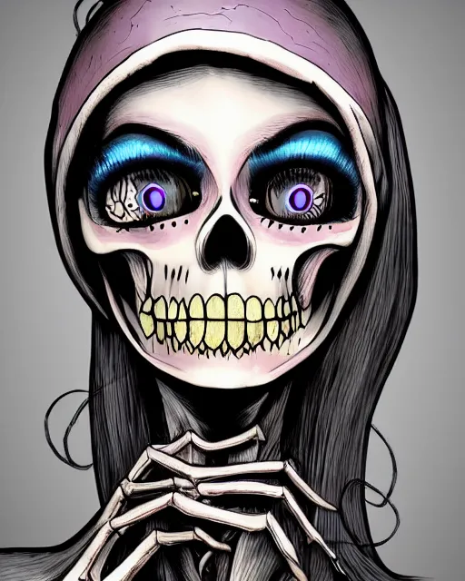 Prompt: a surrealistic head and shoulder painting of a gorgeous female skeleton with cat eyeballs and lipstick and hoodie, in the style of will eisner, digital art, detailed masterpiece