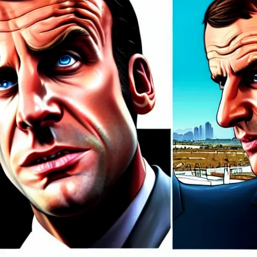 Prompt: emmanuel macron in a gta v cover art by stephen bliss