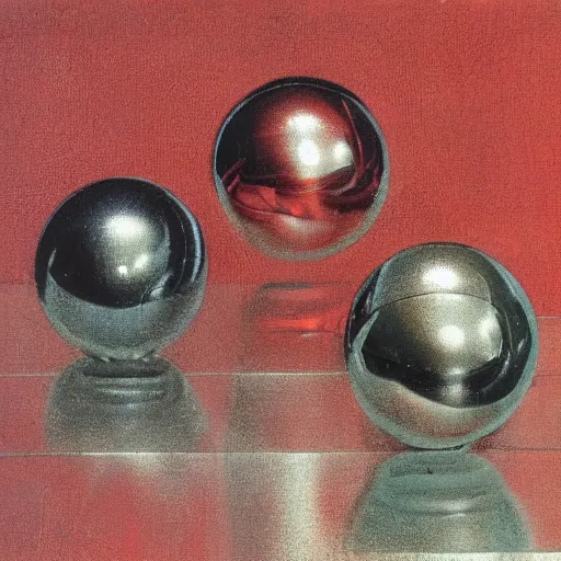 Prompt: chrome spheres on a red cube by leonardo da vinci