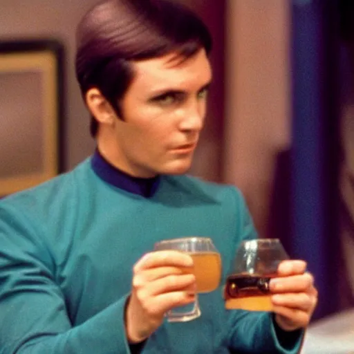 Image similar to acting ensign Wesley Crusher from the USS Enterprise drinking romulan ale in ten forward, set photo, candid, film grain