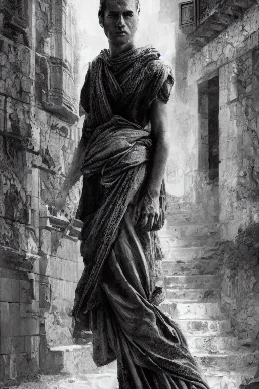 Prompt: antique greek city, portrait, powerfull, intricate, elegant, black and white volumetric lighting, scenery, digital painting, highly detailed, artstation, sharp focus, illustration, concept art, ruan jia, steve mccurry