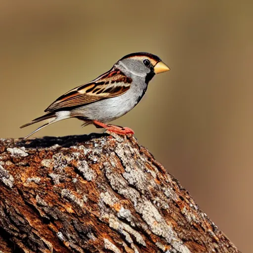 Prompt: a sparrow standing on a log, photograph, depth of field, sharp, detailed