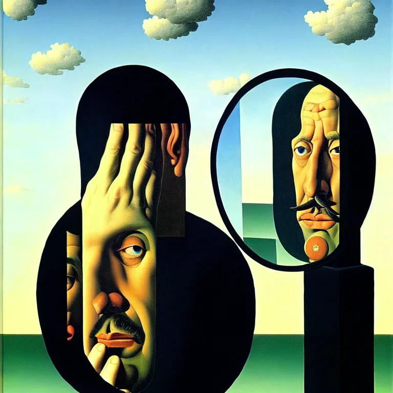 Image similar to a man looks into his own reflection and sees nothing, by rene magritte and salvador dali, surreal, oil on canvas, hyper detailed, vivid