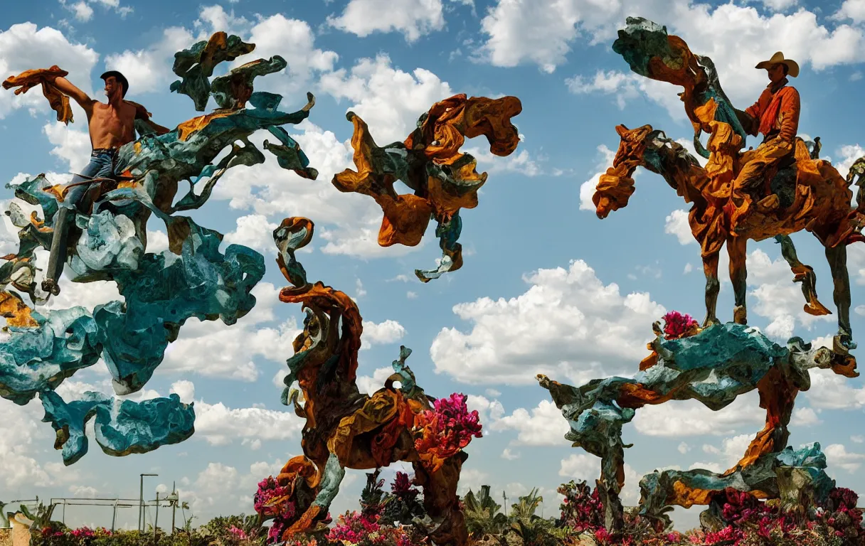 Prompt: a cowboy turning into blooms by slim aarons, by zhang kechun, by lynda benglis. tropical sea slugs, angular sharp tractor tires. complementary bold colors. warm soft volumetric dramatic light. national geographic. 8 k, rendered in octane. angular sculpture by antonio canova by gian lorenzo bernini.