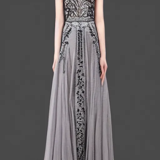 Image similar to fantastically beautiful long knitted large knitted evening dress. light colors. on top of the intricate black ornament openwork. and colored beads. asymmetrical. detailed. a masterpiece.