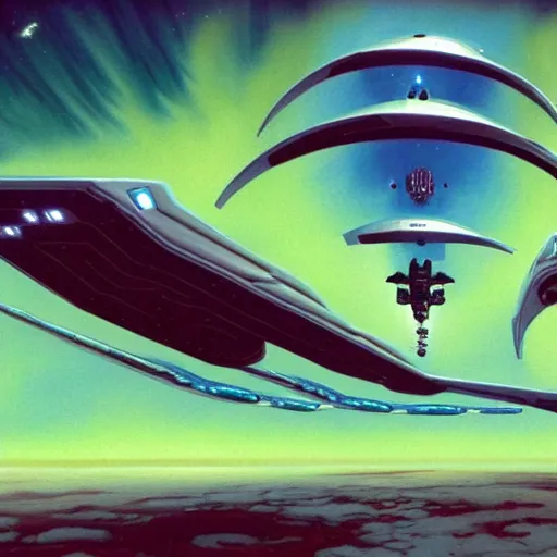 Image similar to this is an image of a sci fiction spaceship being chased by aliens, but they're staring directly at us, wide angle view, in the style of roger dean, hyper detailed