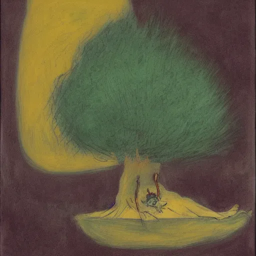 Image similar to with the help of composer boris johnson. animationist alien rapids vault witch's garden fir tree, by francisco goya and mark rothko, monolithography, 4 k, mixed media a child in a