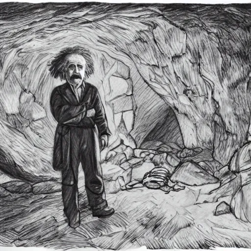 Prompt: Albert Einstein discovers fire in a cave, pencil illustration