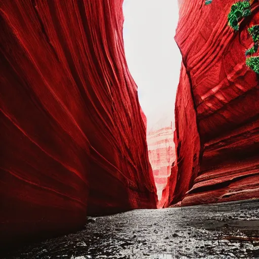 Image similar to a red cathedral in a canyon. overcast sky.