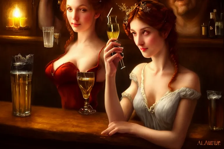 Prompt: a beautiful barmaid, dimly lit cozy crowded tavern, relaxed pose, fantasy, intricate, elegant, dramatic lighting, emotionally evoking symbolic metaphor, highly detailed, lifelike, photorealistic, digital painting, artstation, concept art, smooth, sharp focus, illustration, art by John Collier and Albert Aublet and Krenz Cushart and Artem Demura and Alphonse Mucha, masterpiece