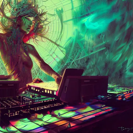 Image similar to dj at rave, art by tristan eaton, stanley artgermm, tom bagshaw, greg rutkowski, carne griffiths, ayami kojima, beksinski, giger, trending on deviantart, photorealistic, vray, hdr, hyper detailed, dramatic lighting, octane render, weta digital, 3 d sculpture