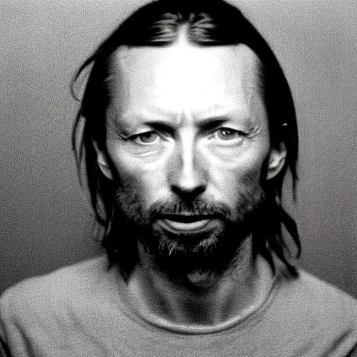 Prompt: Mugshot Portrait of Thom Yorke, taken in the 1970s, photo taken on a 1970s polaroid camera, grainy, real life, hyperrealistic, ultra realistic, realistic, highly detailed, epic, HD quality, 8k resolution, body and headshot, film still, front facing, front view, headshot and bodyshot, detailed face, very detailed face