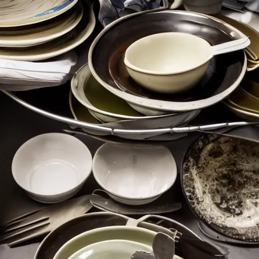 Prompt: photograph of a kitchen counter piled with dirty disgusting dishes. dirty plates and dirty cups stack three or four dishes high. dirty forks knives and spoons are standing up in a clear dirty glass in the pile of dirty dishes, filth and grim,