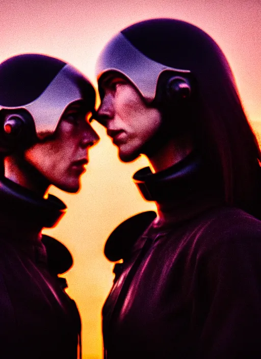 Prompt: cinestill 5 0 d photographic portrait of two loving female androids wearing rugged black techwear on a desolate plain with a red sky, extreme closeup, cyberpunk style, in front of a brutalist dark metal facility, dust storm, 8 k, hd, high resolution, 3 5 mm, f / 3 2, ultra realistic faces, ex machina