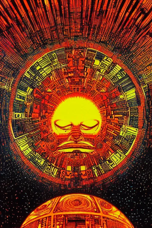 Image similar to a blazing geometric sun above a techno cyclops god, detailed, 4 k, warm colours, by stanley donwood and philippe druillet,