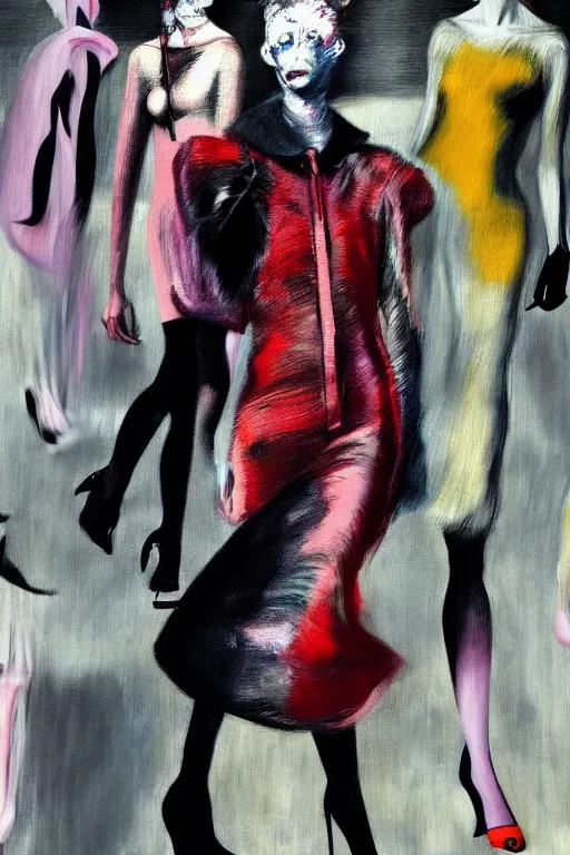 Image similar to crazy fashion catwalk, one model, crazy clothes, hauntingly surreal, highly detailed painting by francis bacon, edward hopper, adrian ghenie, gerhard richter, and james jean soft light 4 k,