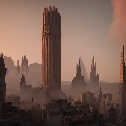 Prompt: a gigantic brutalist ancient tower, a detailed structure with at the top 3 spires in form of a trident, 6 0 0 hundred meters tall set against sunlit, all surrounded by smoke, mountains and a huge old city, 8 k, art station, ultra realistic, cinematic composition, style of weta, in the style of ilm