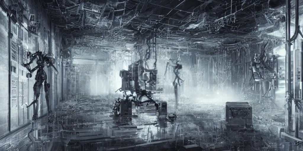 Image similar to parallax volumetric coherent gloomy colossal ruined server room in datacenter portrait symmetrical face by eddie mendoza blender robot figure automata headless drone robot welder posing pacing fixing soldering mono sharp focus, emitting diodes, smoke, artillery, sparks, racks, system unit, motherboard, artstation cgsociety artofmtg hyperrealism cinematic dramatic painting concept art of detailed character design