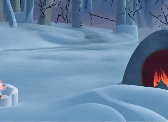 Image similar to tiny smoldering campfire glowing in a stark minimalist frozen creek snowdrift landscape from mulan ( 1 9 9 8 )