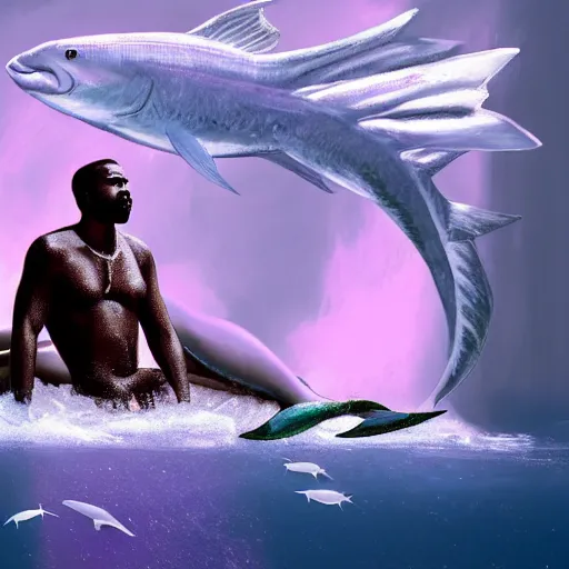 Image similar to Kanye West as a mermaid, looking in awe at delicious fish sticks, dynamic lighting, concept art, beautiful 4k