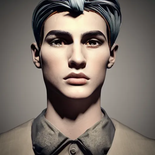 Image similar to innovative avant-garde art, deco fashion, young boy with sharp jawline, royal theme, highly detailed, photorealistic portrait, crisp quality and light reflections, unreal engine 5 quality render