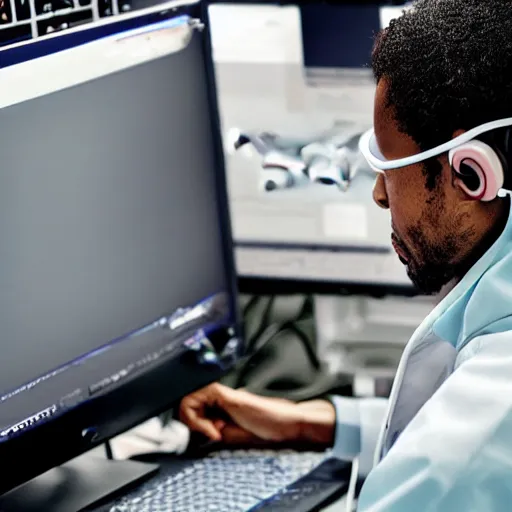 Image similar to An anthropomorphic grey dolphin in a white lab-coat playing games on a computer, digital painting, close-up, wearing a headset